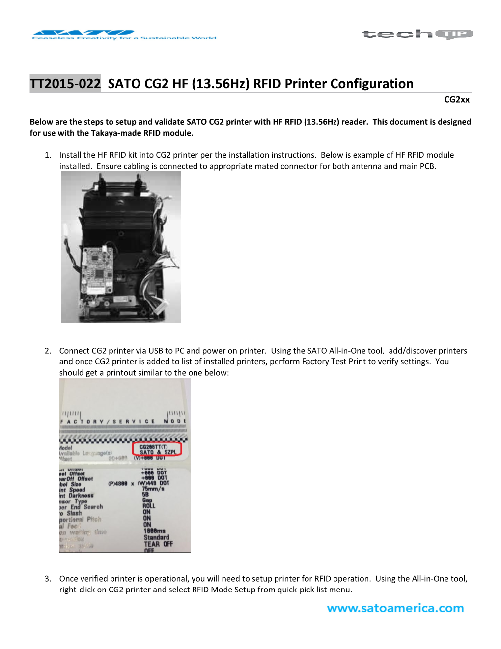 TT2015-022 SATOCG2 HF (13.56Hz) RFID Printer Configuration