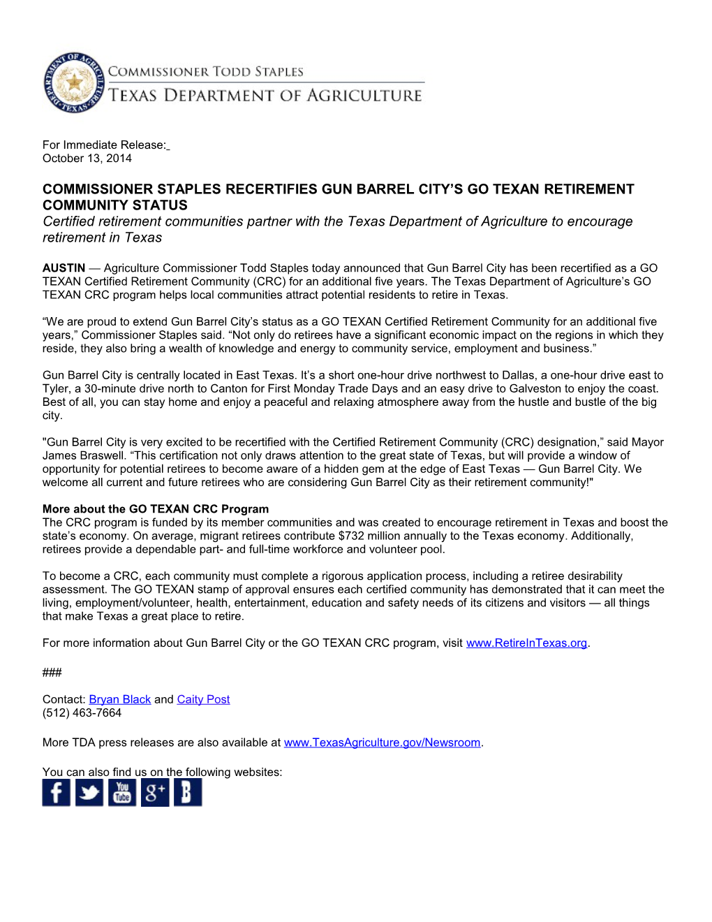 Commissioner Staples Recertifies Gun Barrel City S Go Texan Retirement Community Status