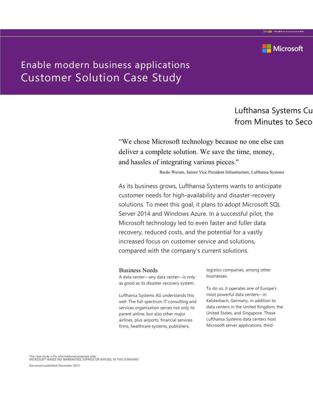 Lufthansa Systems Cuts Data Recovery Time from Minutes to Seconds with Cloud Solution