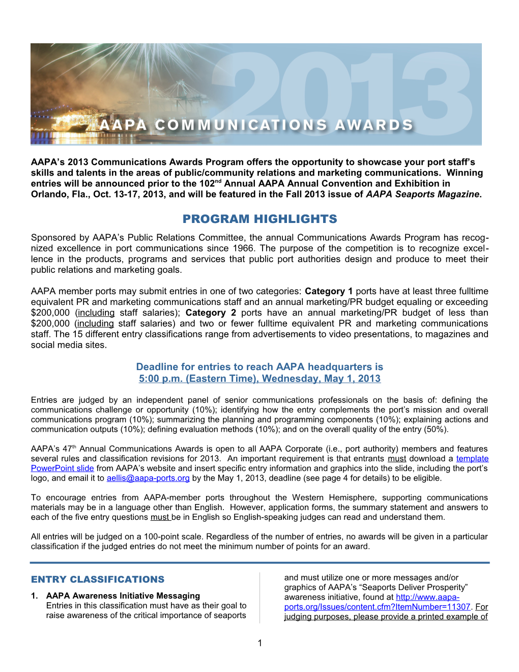 AAPA S 2013 Communications Awards Program Offers the Opportunity to Showcase Your Port