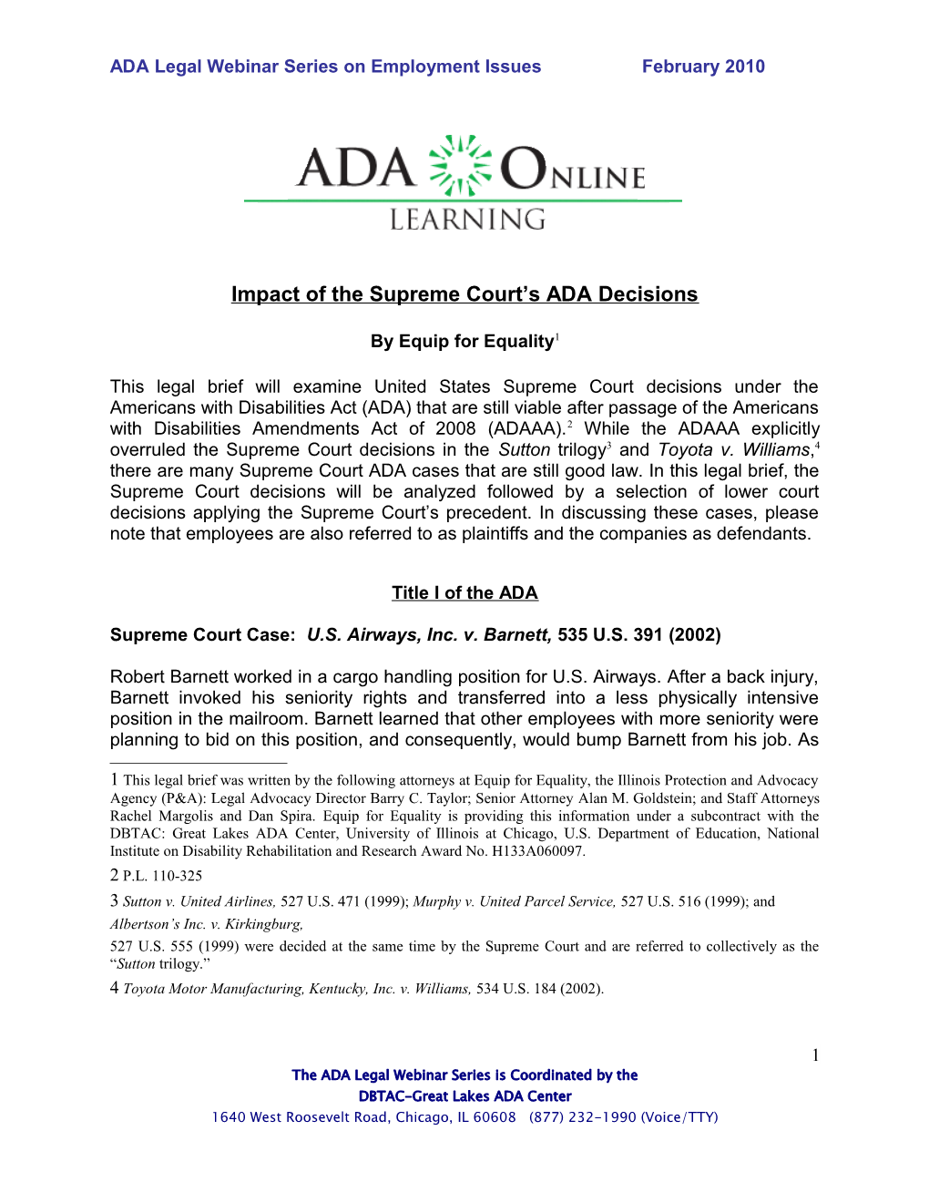 ADA Legal Webinar Series on Employment Issues February 2010
