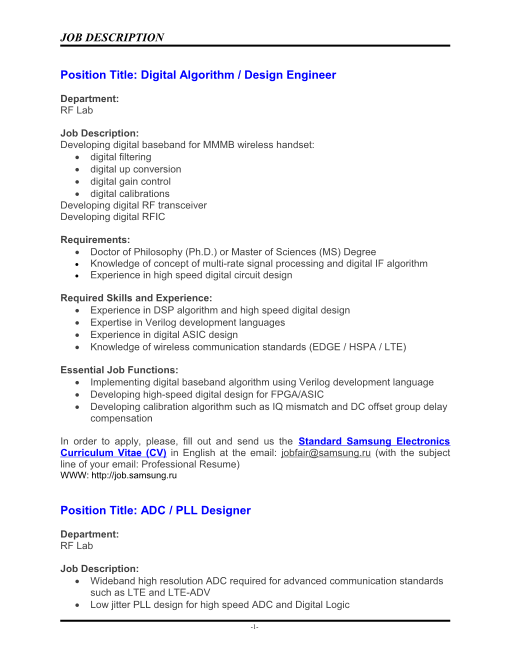 Position Title: Digital Algorithm / Design Engineer