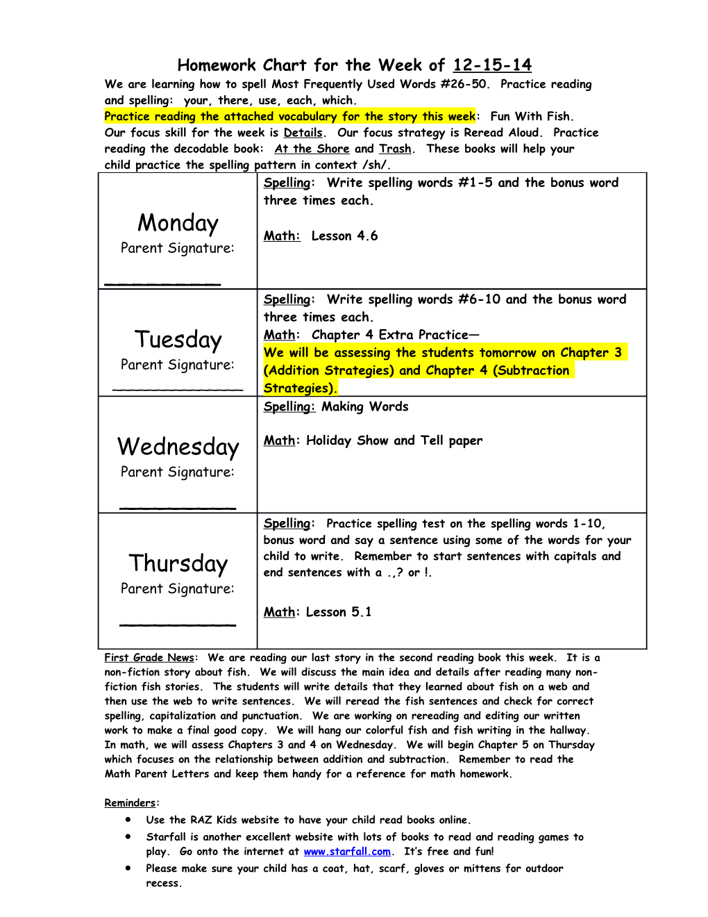 Homework Chart for the Week Of12-15-14