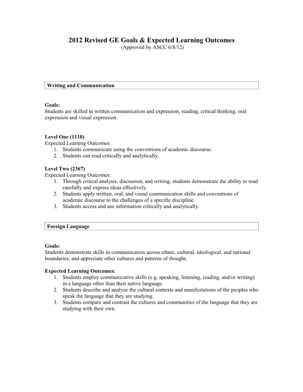 2012 Revised GE Goals & Expected Learning Outcomes