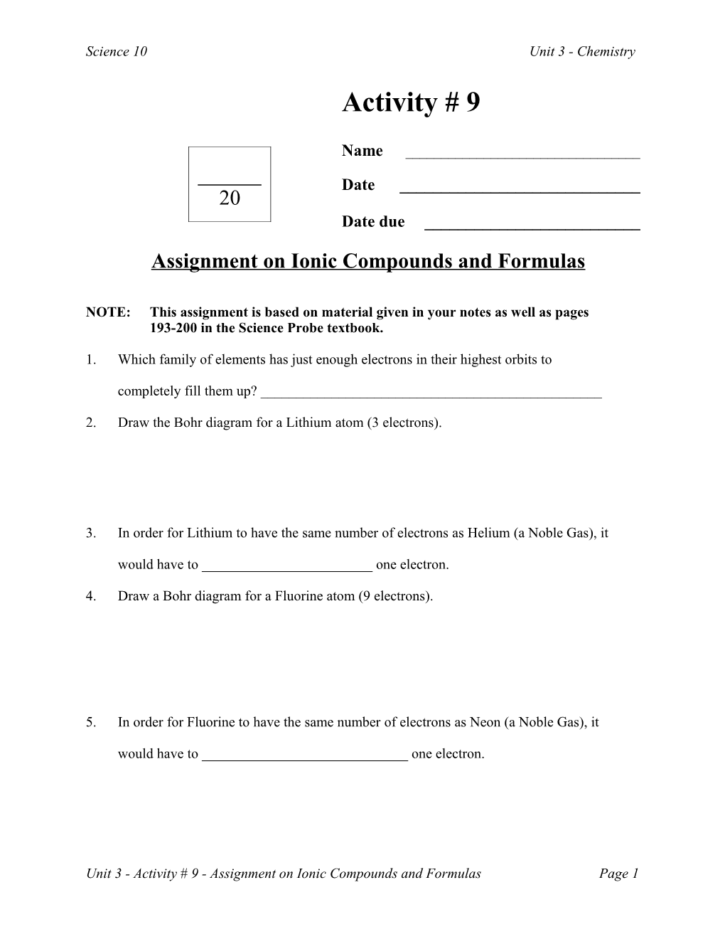 Assignment on Ionic Compounds and Formulas