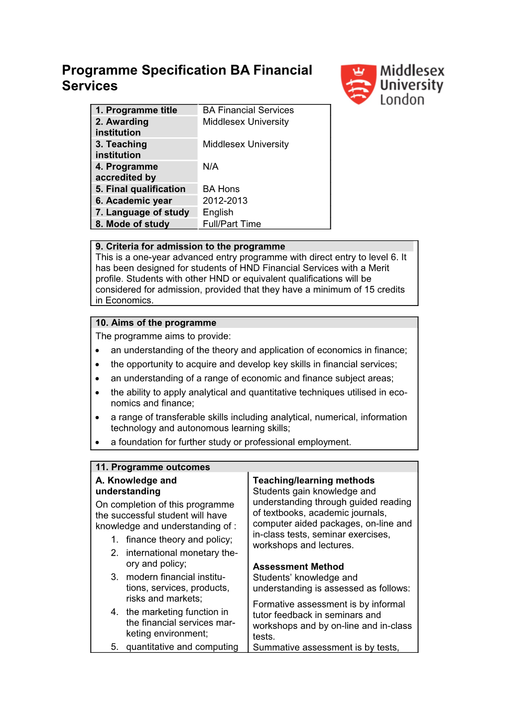 Programme Specification BA Financial Services