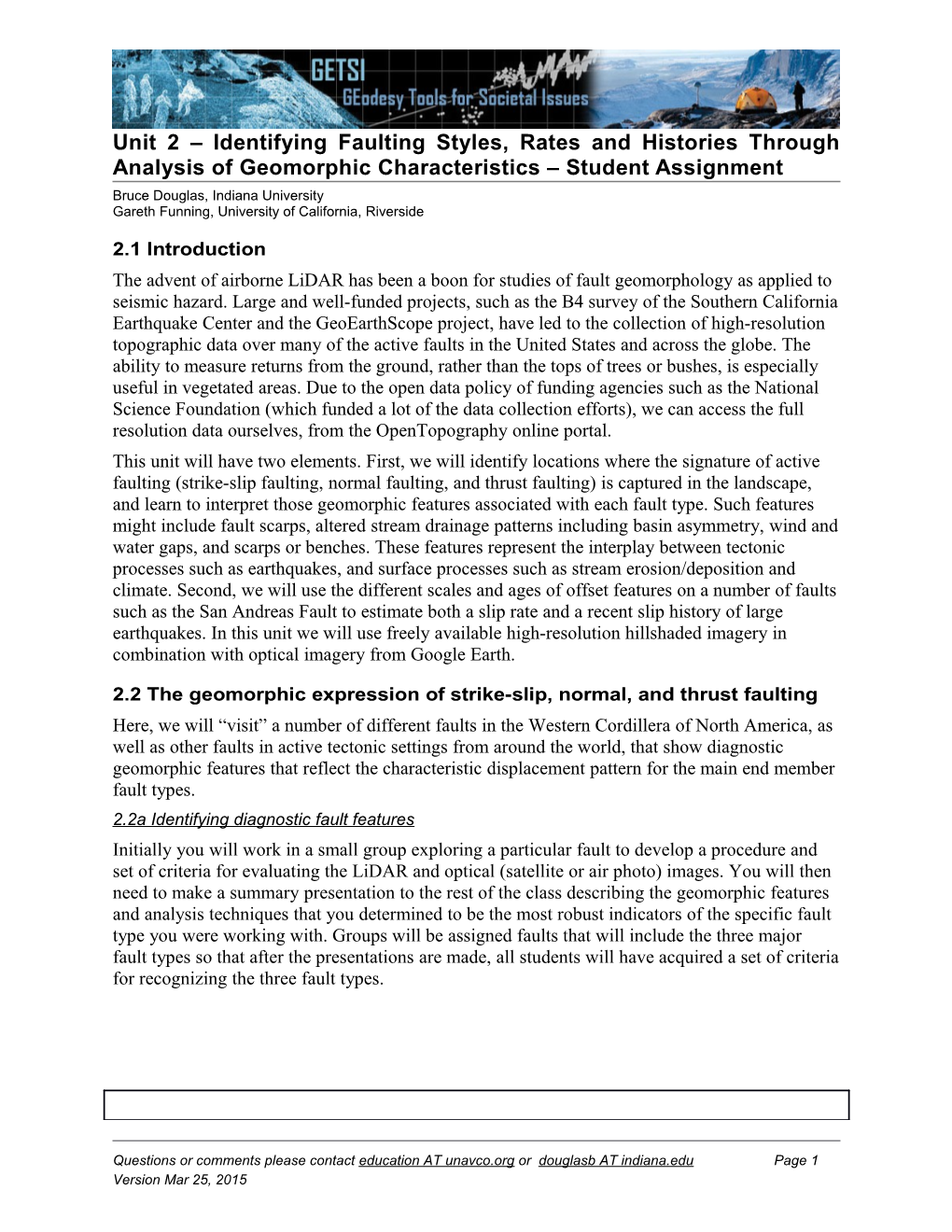 Unit 2 Identifying Faulting Styles, Rates and Histories Through Analysis of Geomorphic