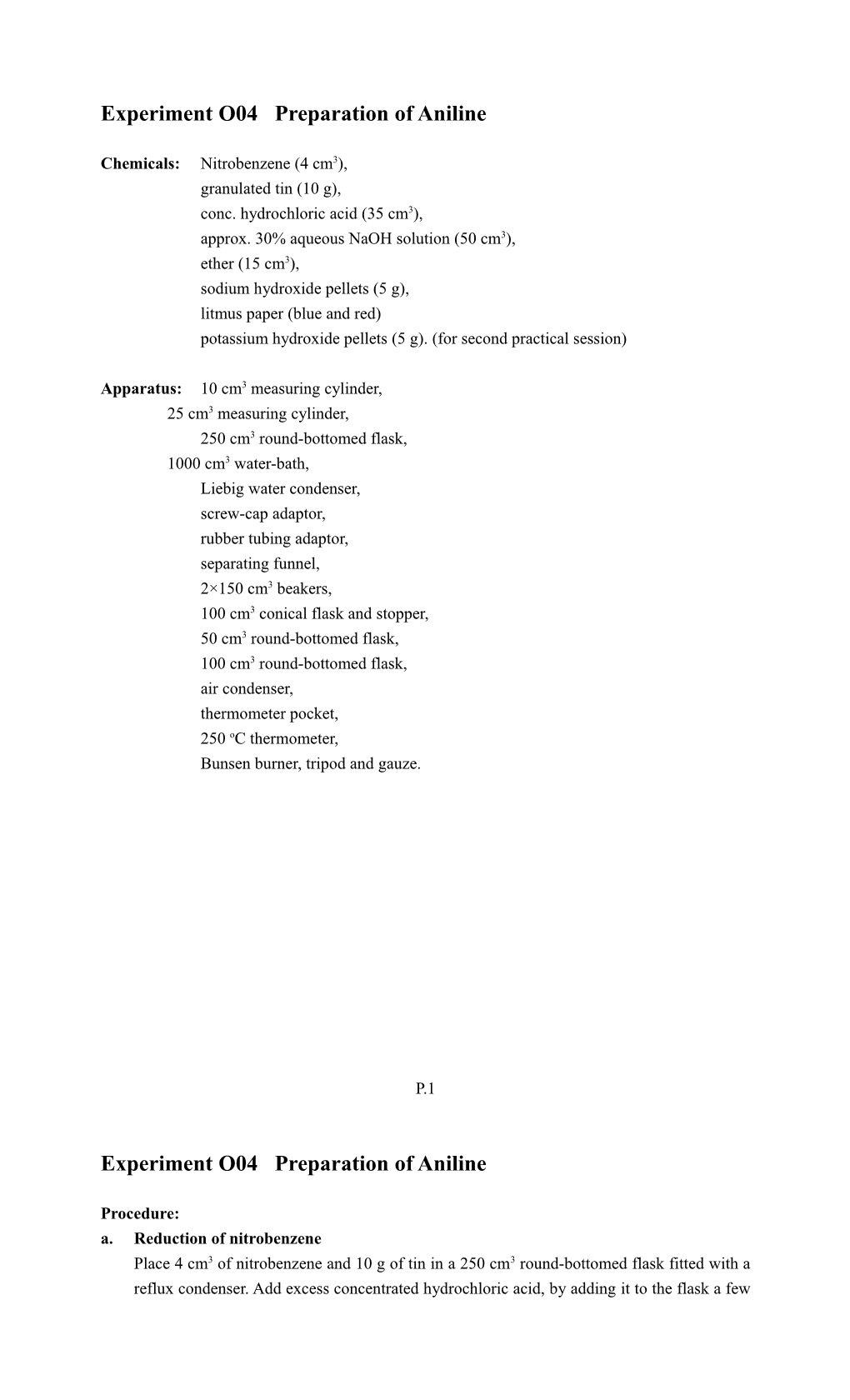 Experiment O04 Preparation of Aniline