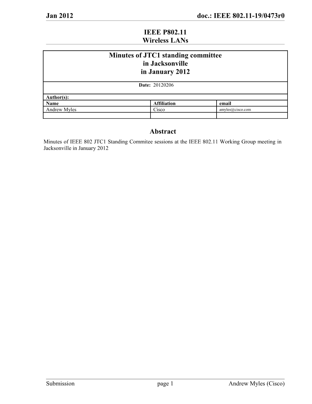 Minutes of JTC1 Ad Hoc Meeting Tuesday PM1, 17 Jan 2012