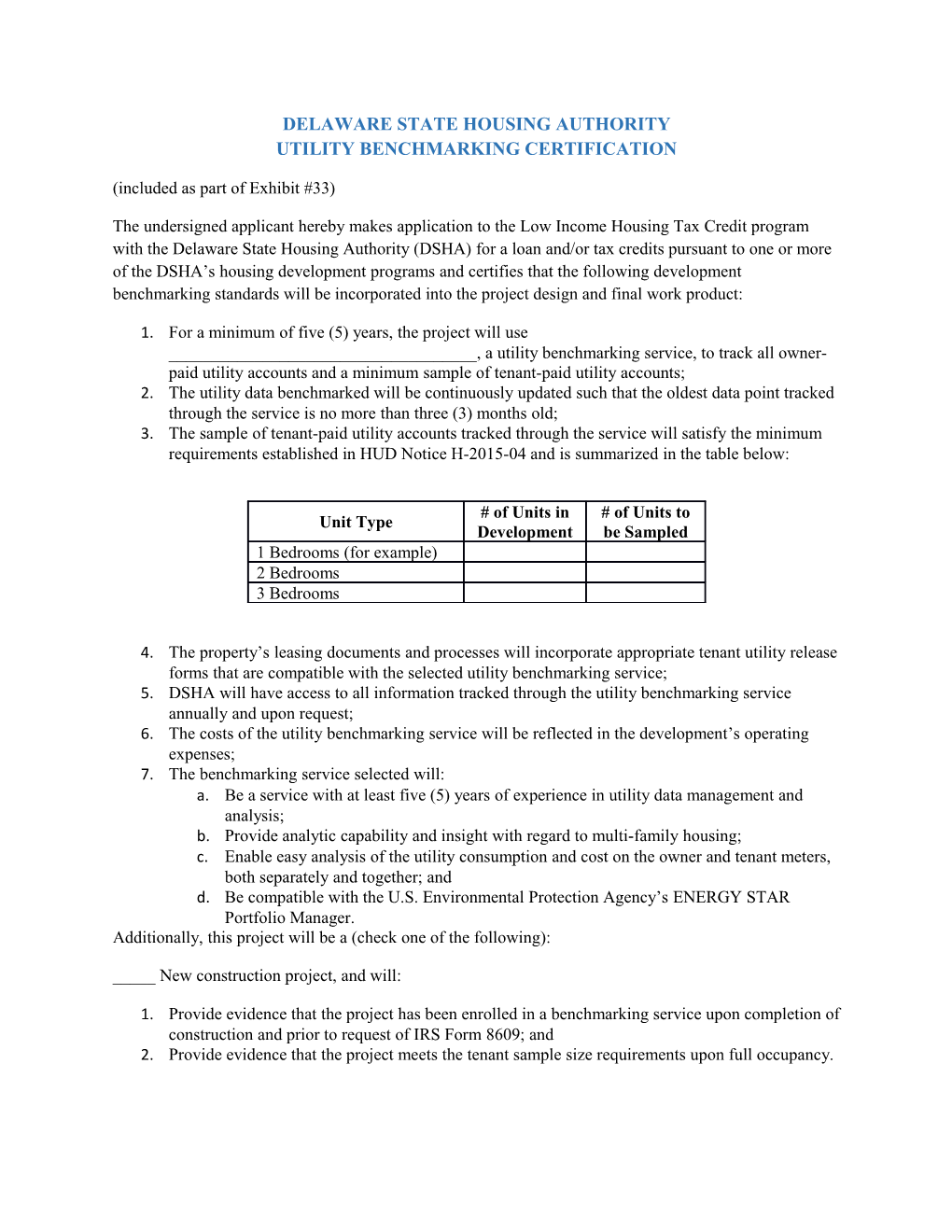 Delaware State Housing Authority Utility Benchmarking Certification