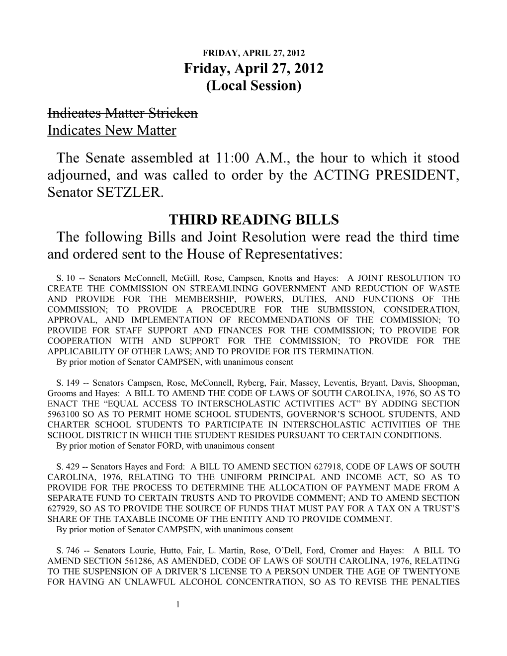Senate Journal for Apr. 27, 2012 - South Carolina Legislature Online