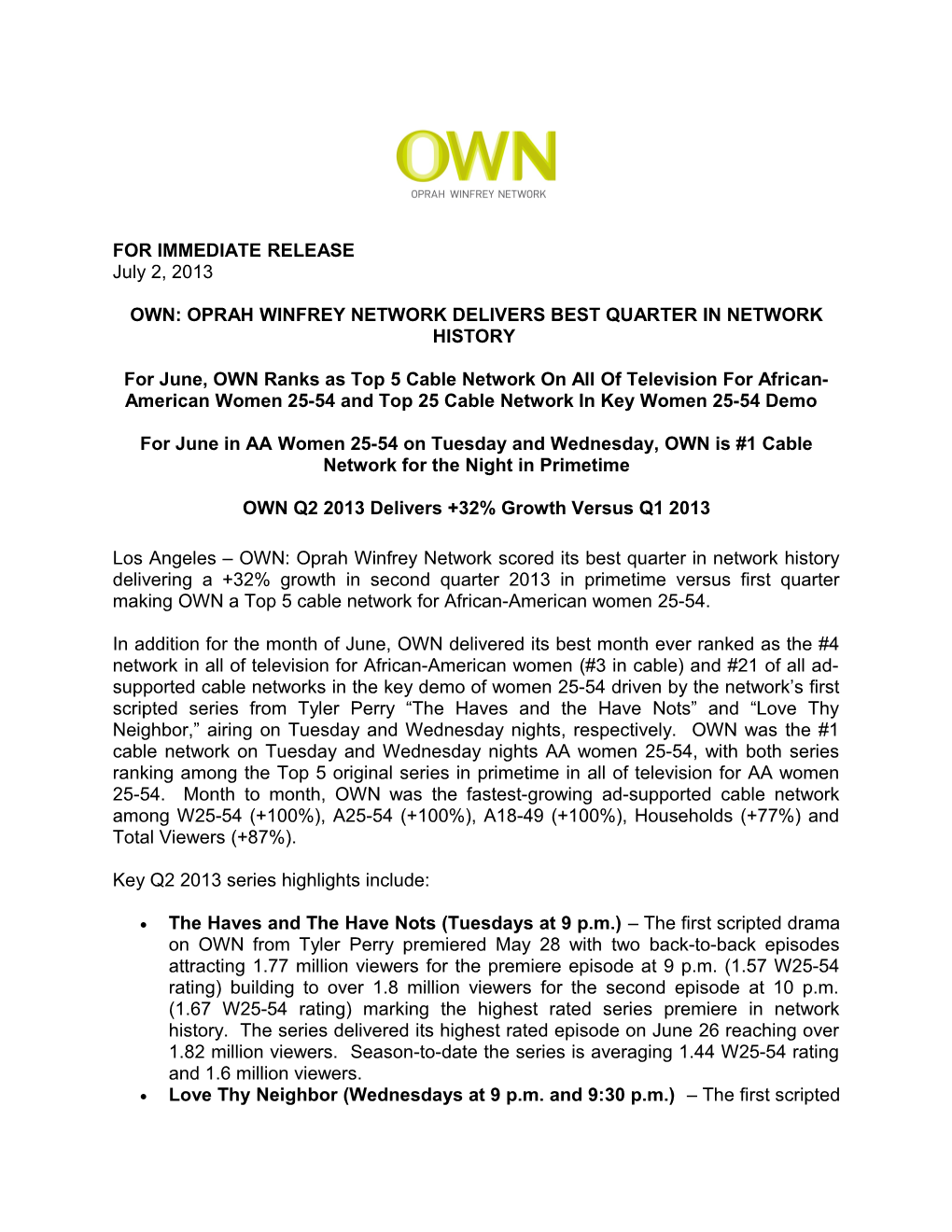 Own: Oprah Winfrey Network Delivers Best Quarter in Network History