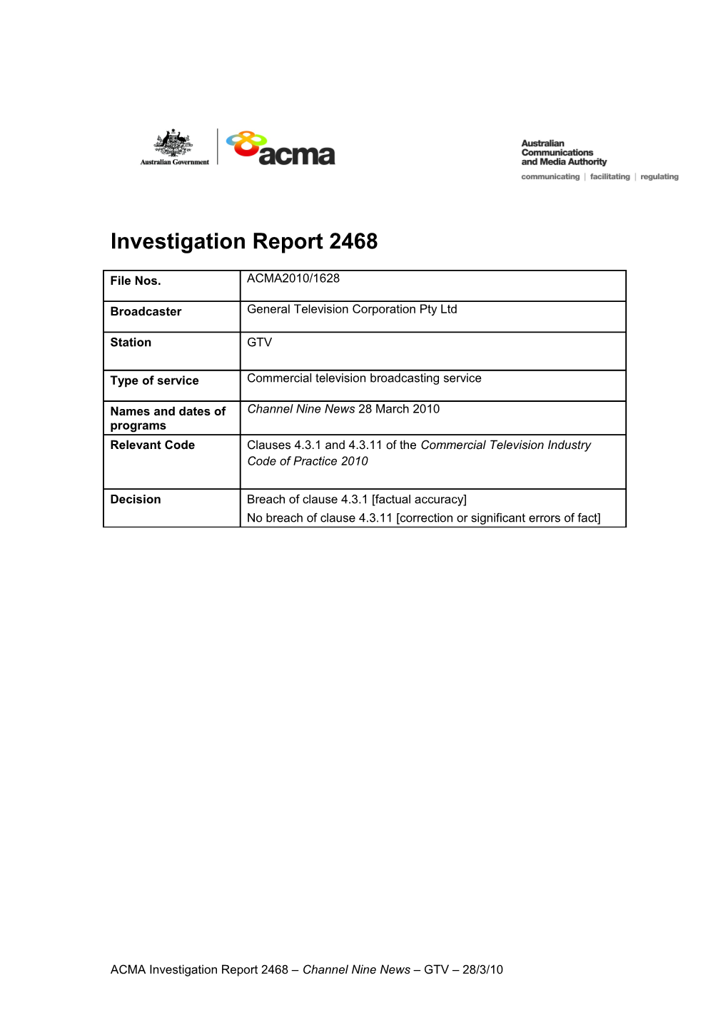 GTV9 - ACMA Investigation Report 2468