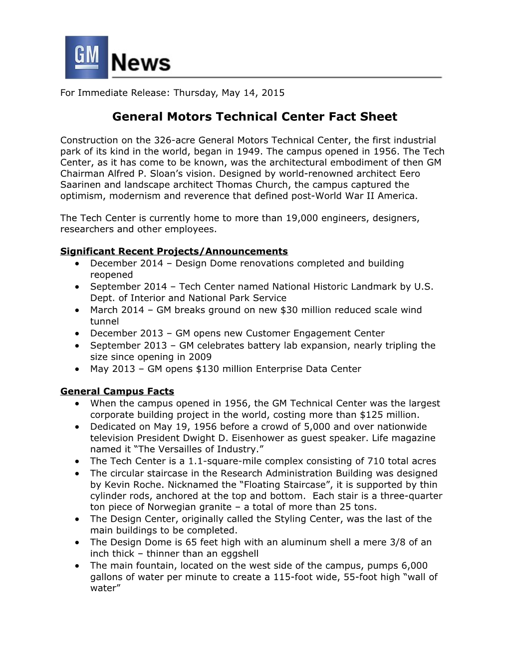 General Motors Technical Center Fact Sheet