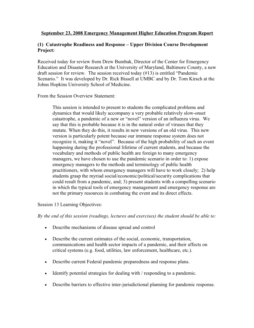 September 23, 2008 Emergency Management Higher Education Program Report