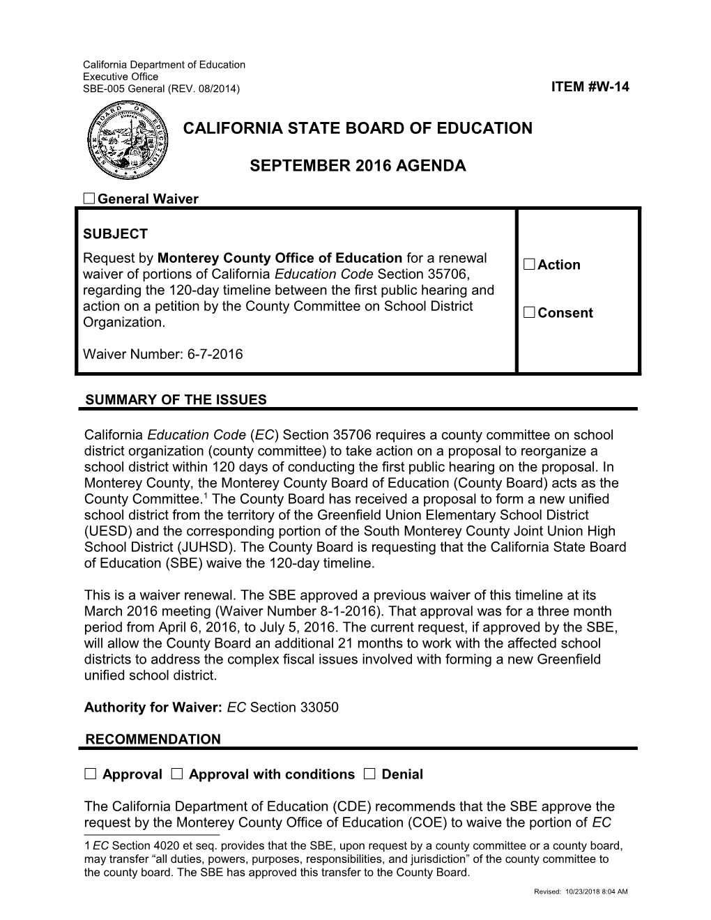 September 2016 Waiver Item W-14 - Meeting Agendas (CA State Board of Education)