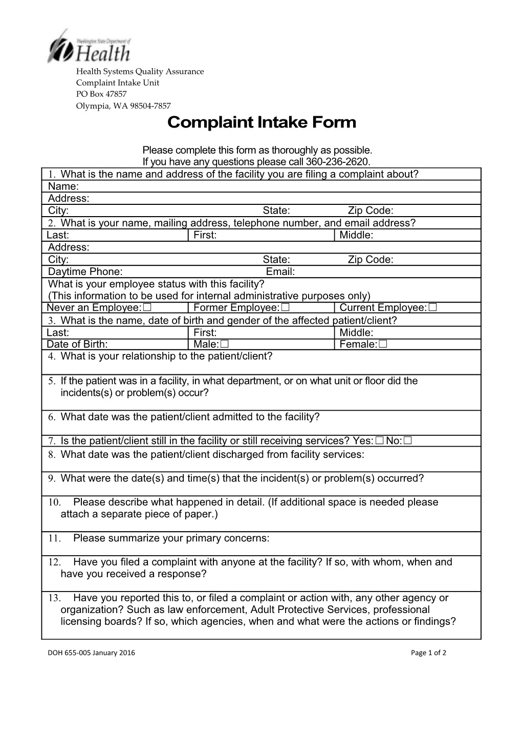 Health Systems Quality Assurance Complaint Intake Unit