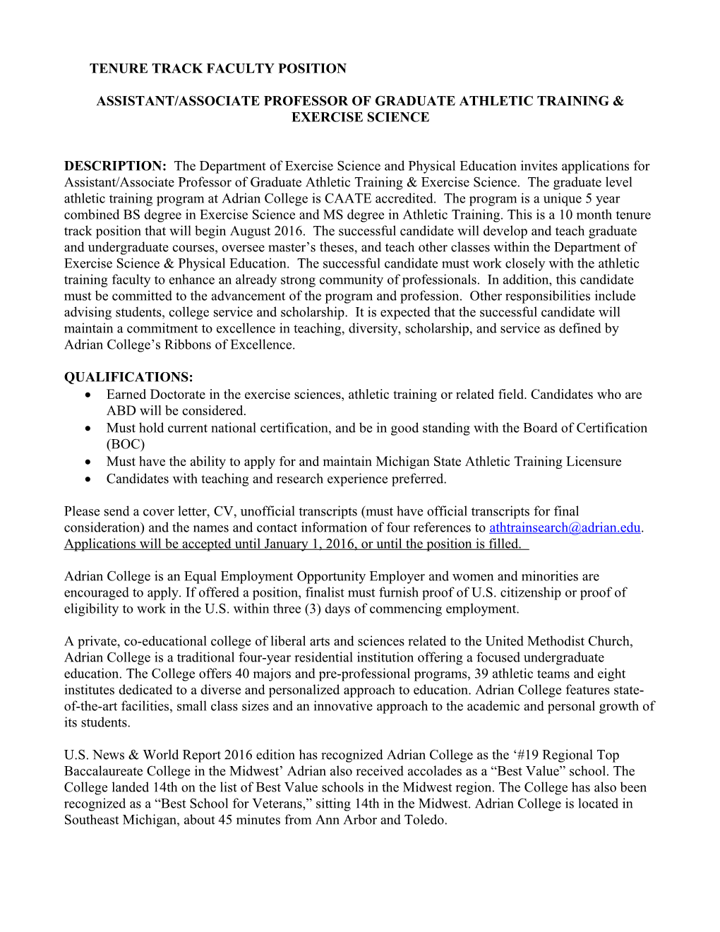Tenure Track Faculty Position