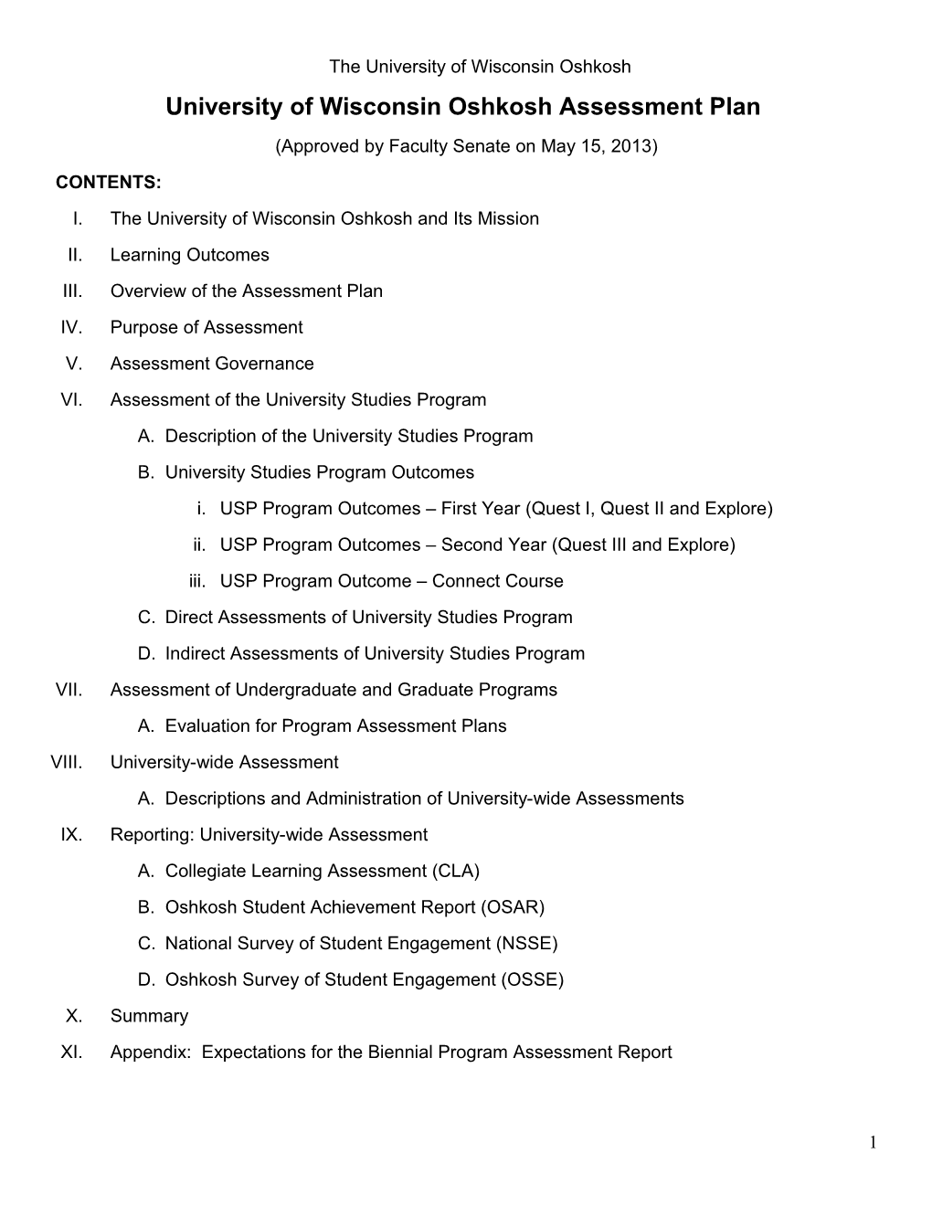 University of Wisconsin Oshkosh Assessment Plan