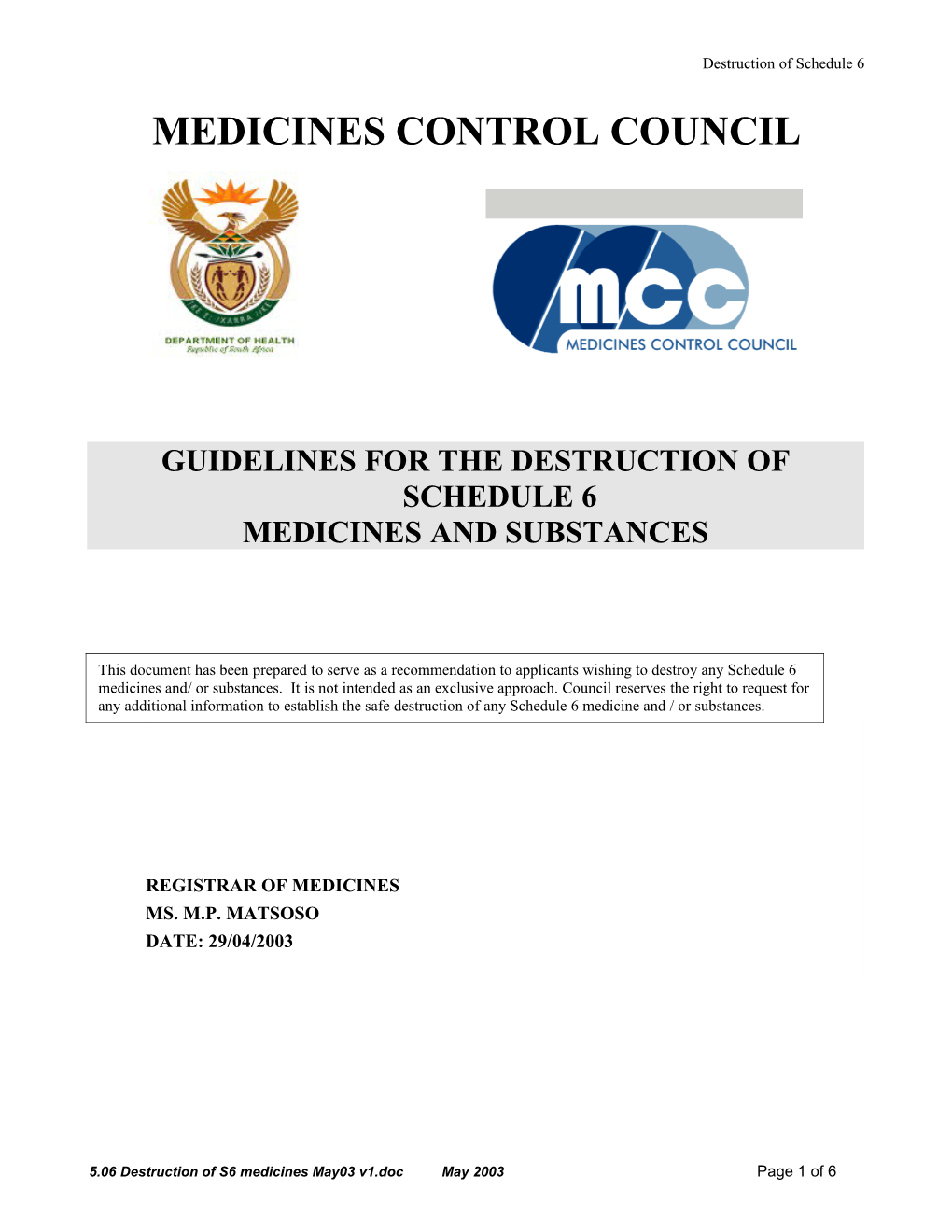 Guidelines for the Scheduling Committee of the Medicines Control Council