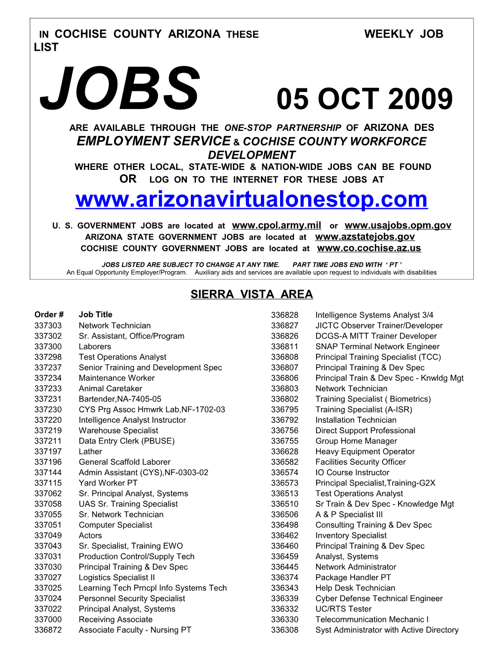 In Cochise County Arizona These Weekly Job List
