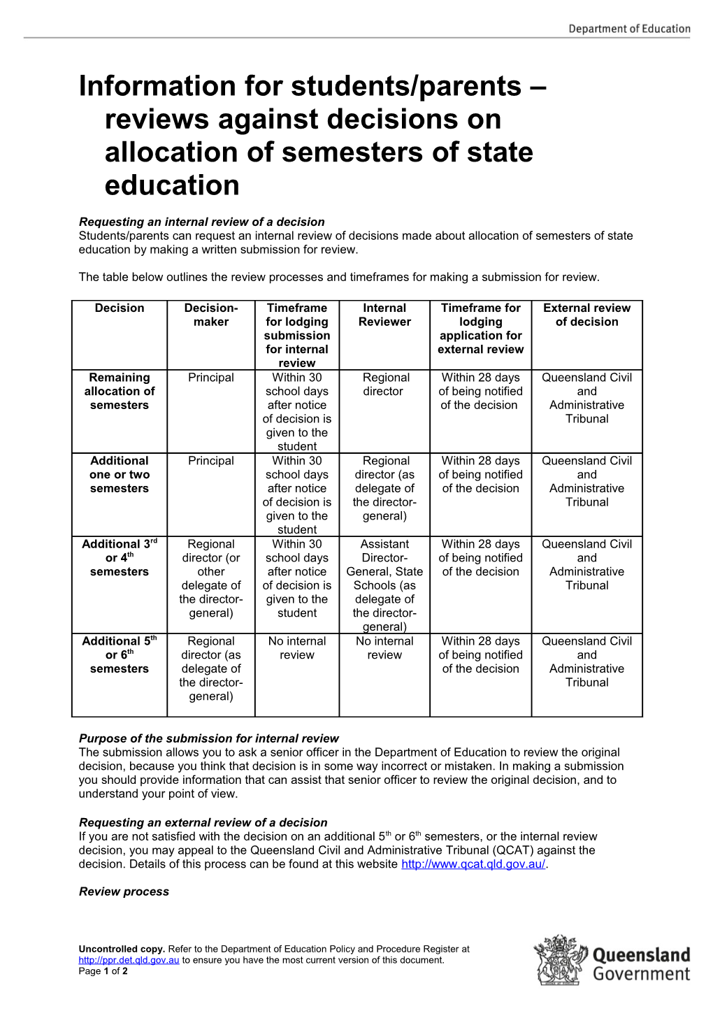 Form ASE-17 - Info for Students and Parents Re Reviews Against Decisions on Allocation