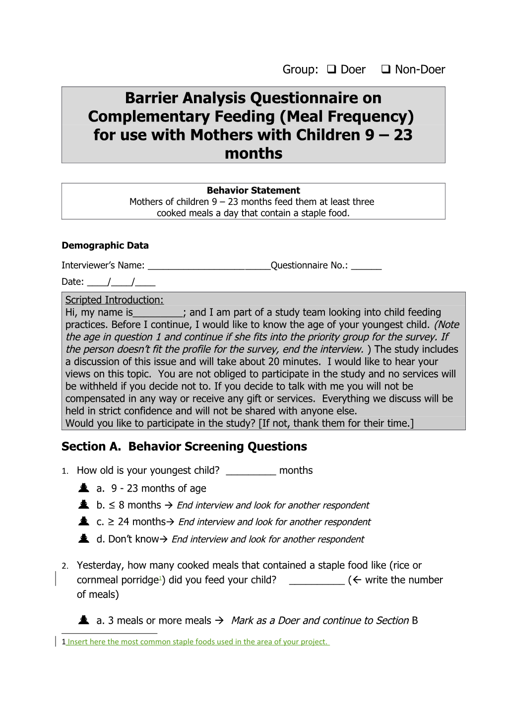 Barrier Analysis Questionnaire on Complementary Feeding (Meal Frequency)