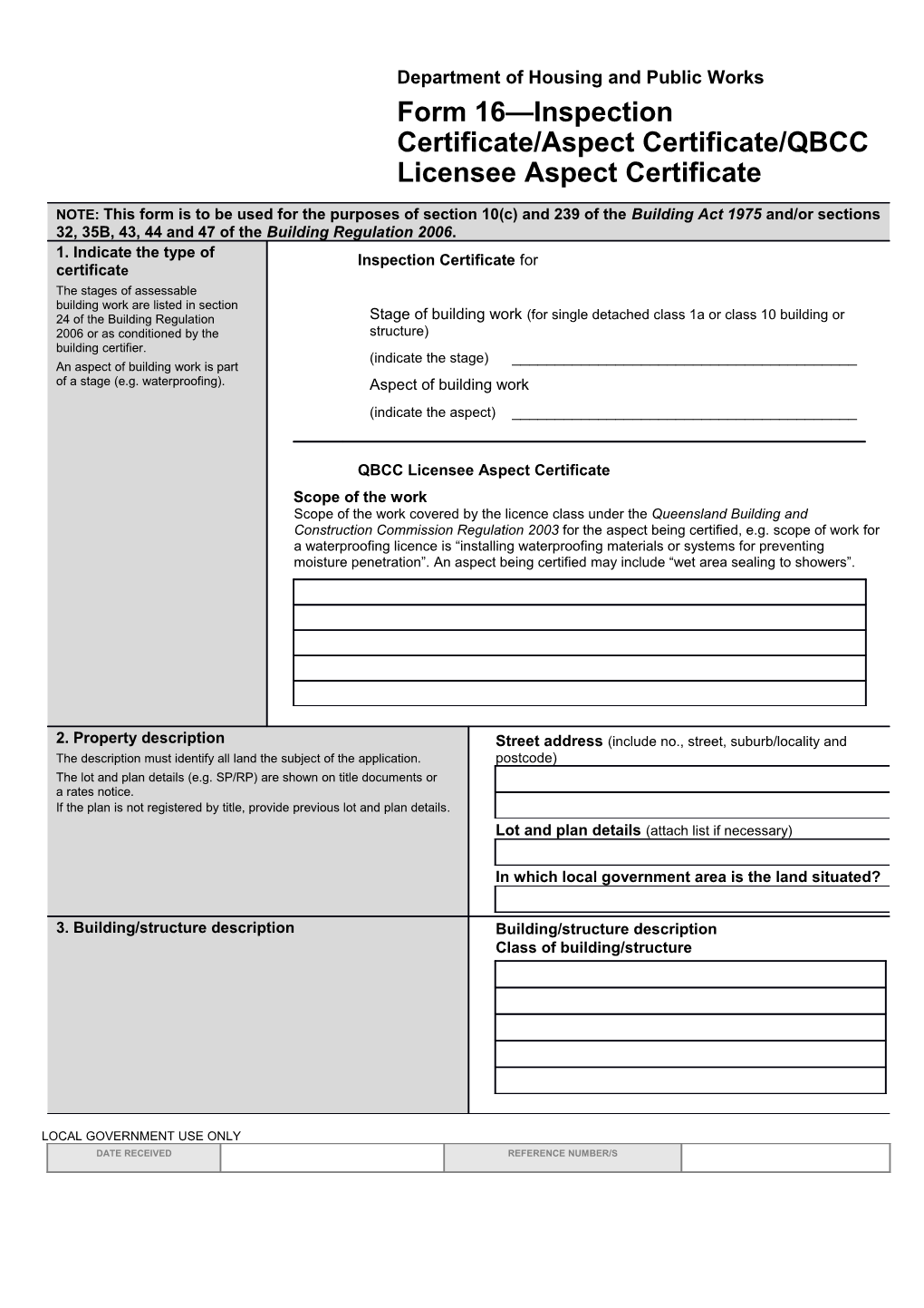 Form16 Inspection Certificate Aspect Certificate QBCC Licensee Aspect Certificate