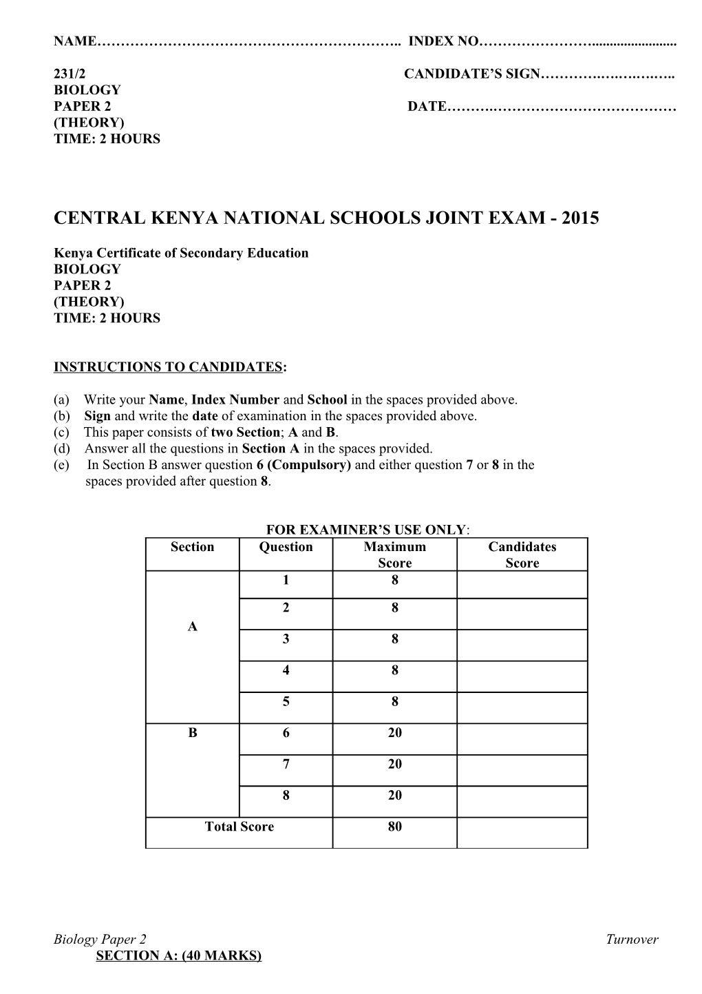 Central Kenya National Schools Joint Exam - 2015