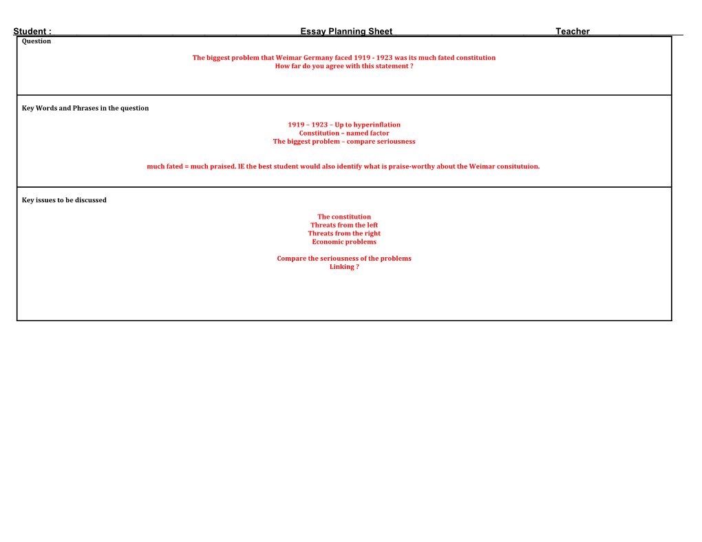 Student : Essay Planning Sheetteacher