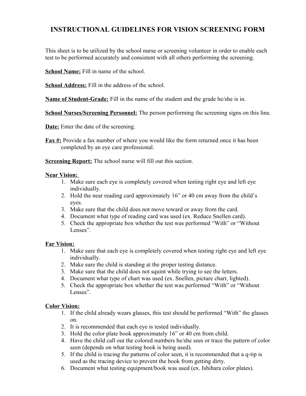 Instructional Guidelines for Vision Screening Form