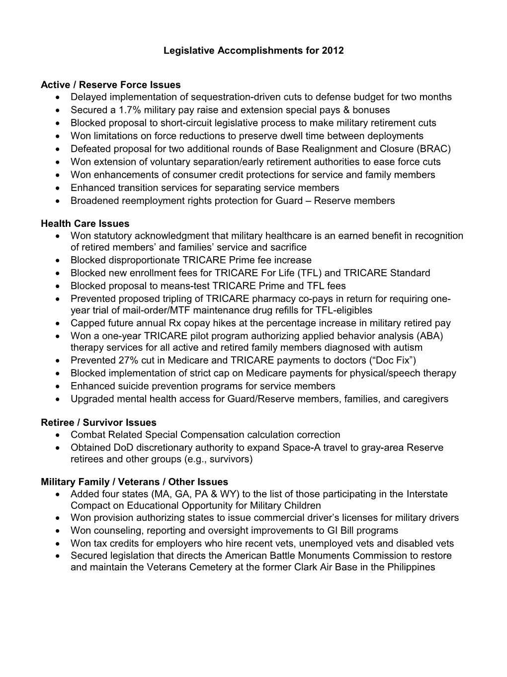 Legislative Accomplishments for 2012