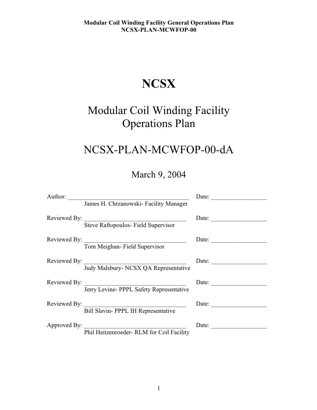 Modular Coil Winding Facility General Operations Plan