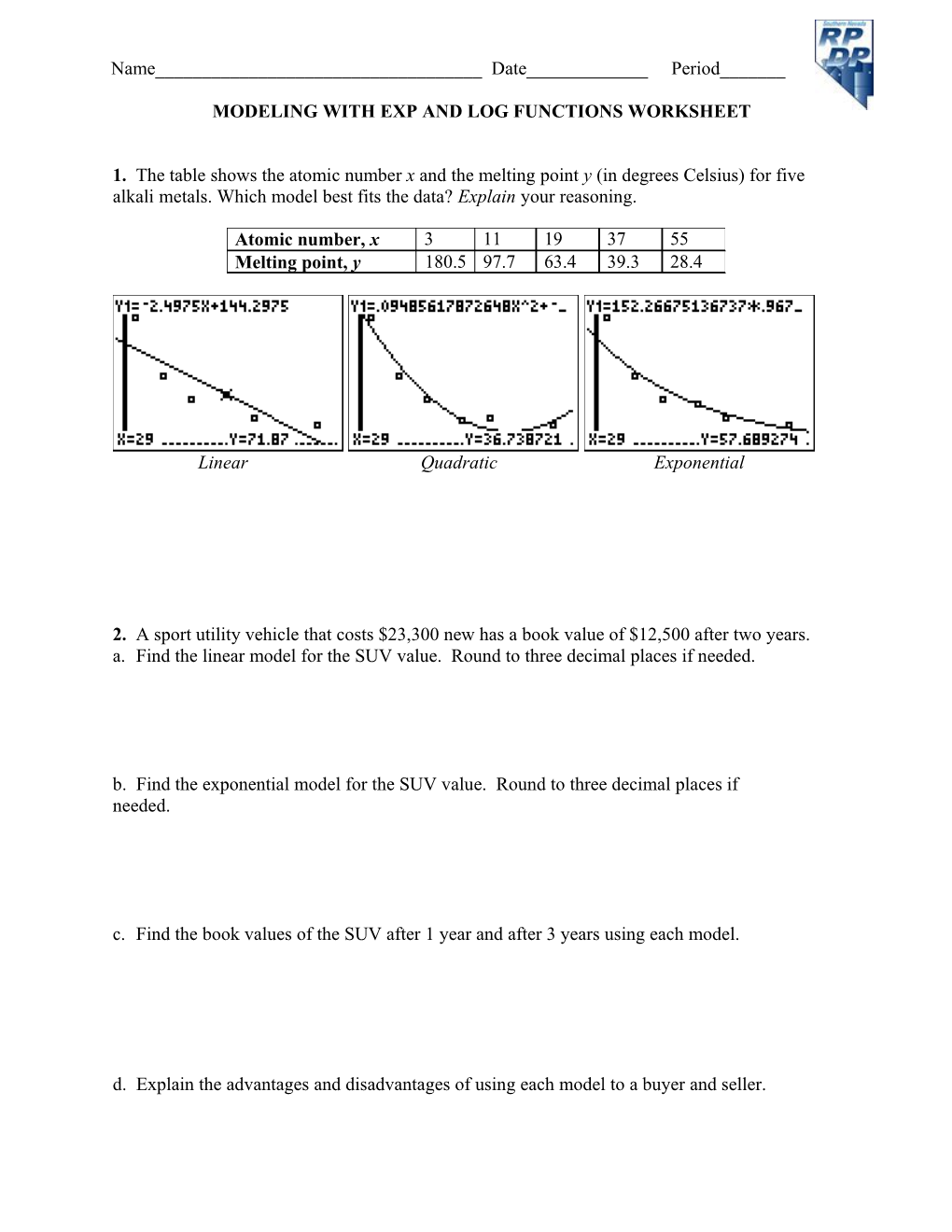 Modeling with Exp and Log Functions Worksheet