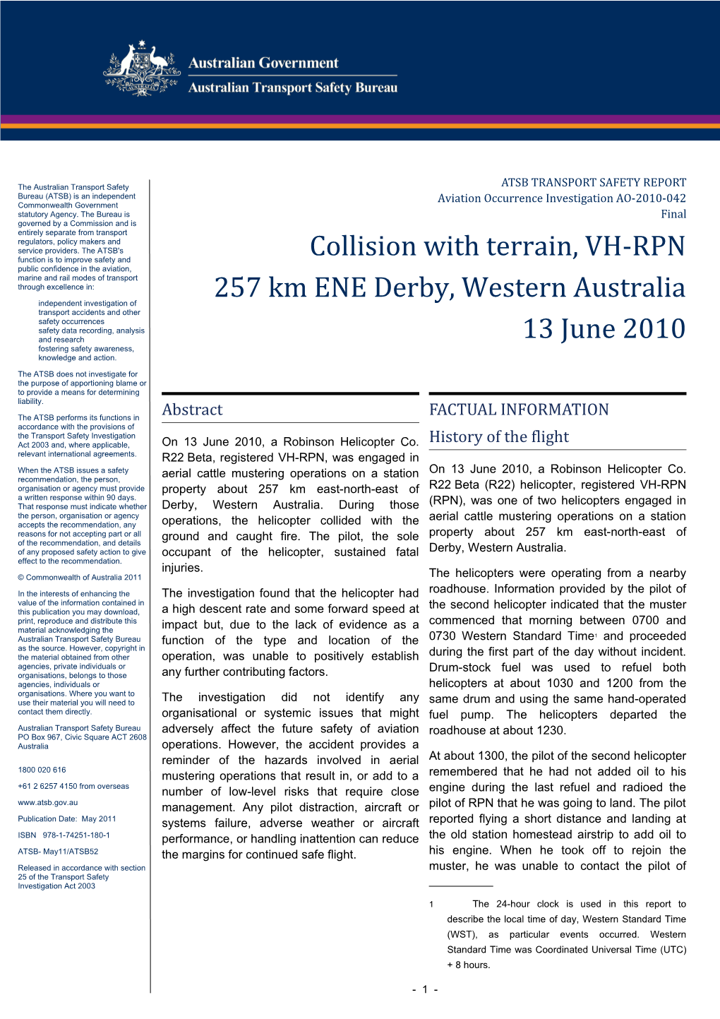 Collision with Terrain, VH-RPN 257 Km ENE Derby, Western Australia 13 June 2010