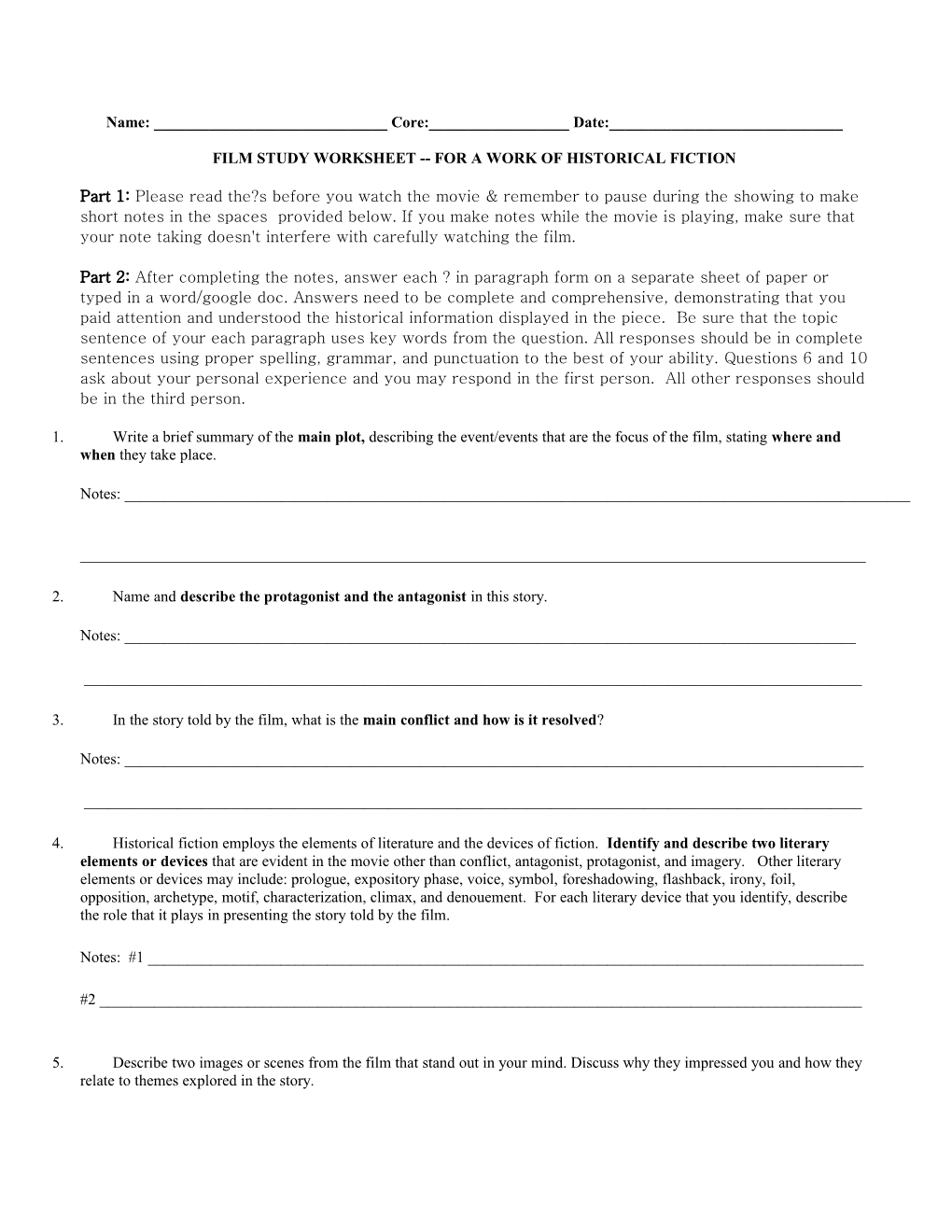 Film Study Worksheet for a Work of Historical Fiction