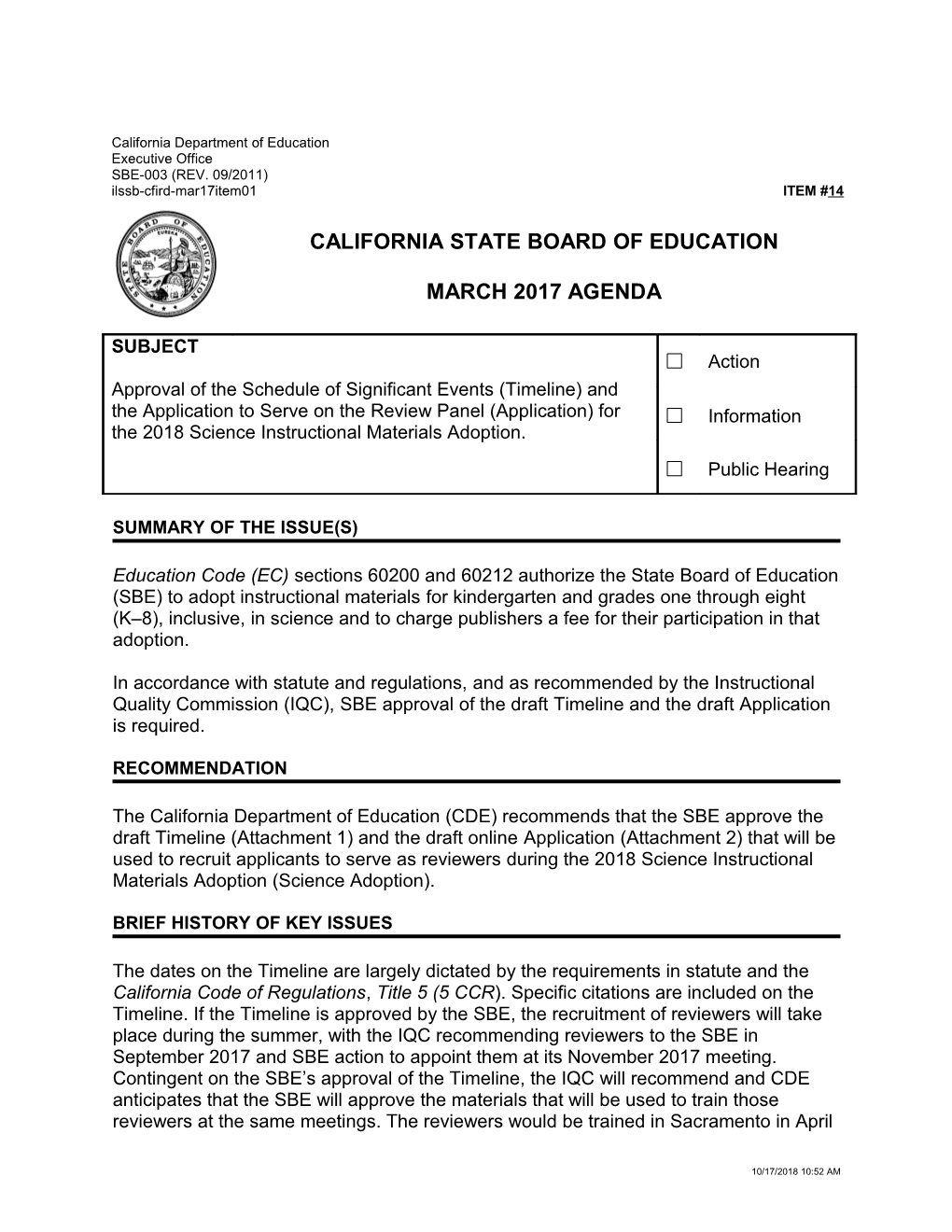 March 2017 Agenda Item 14 - Meeting Agendas (CA State Board of Education)