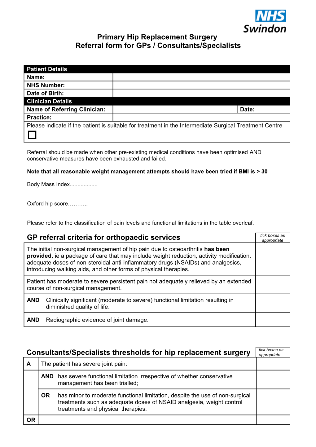 Primary Hip Replacement Surgery Checklist for Gps