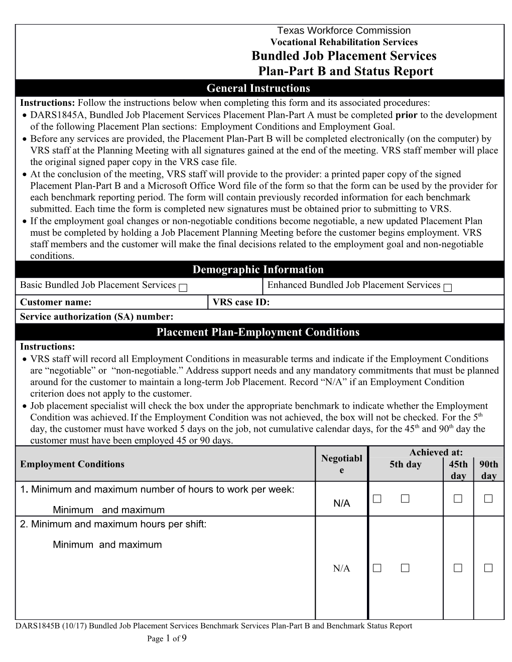 DARS1845B Bundled Job Placement Services Benchmark Services Plan-Part B and Benchmark Status