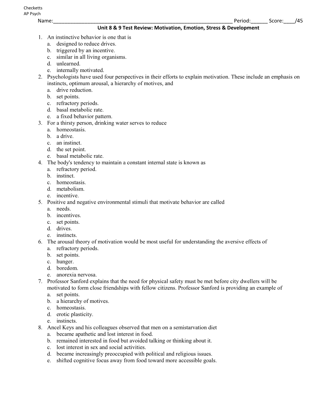 Unit 8 & 9 Test Review: Motivation, Emotion, Stress & Development