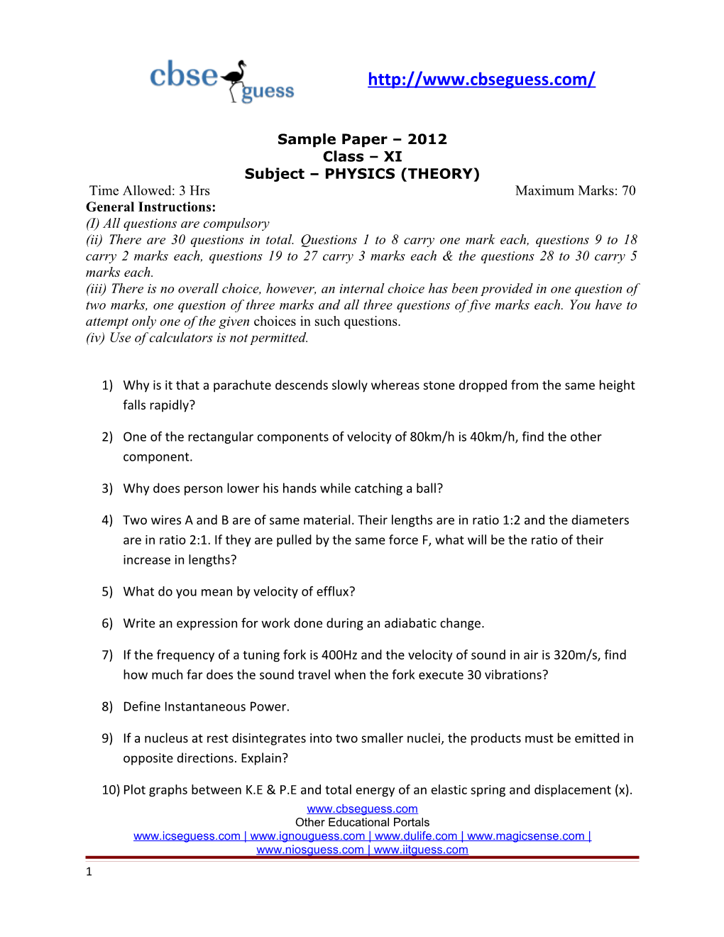 Sample Paper 2012 Class XI Subject PHYSICS (THEORY)