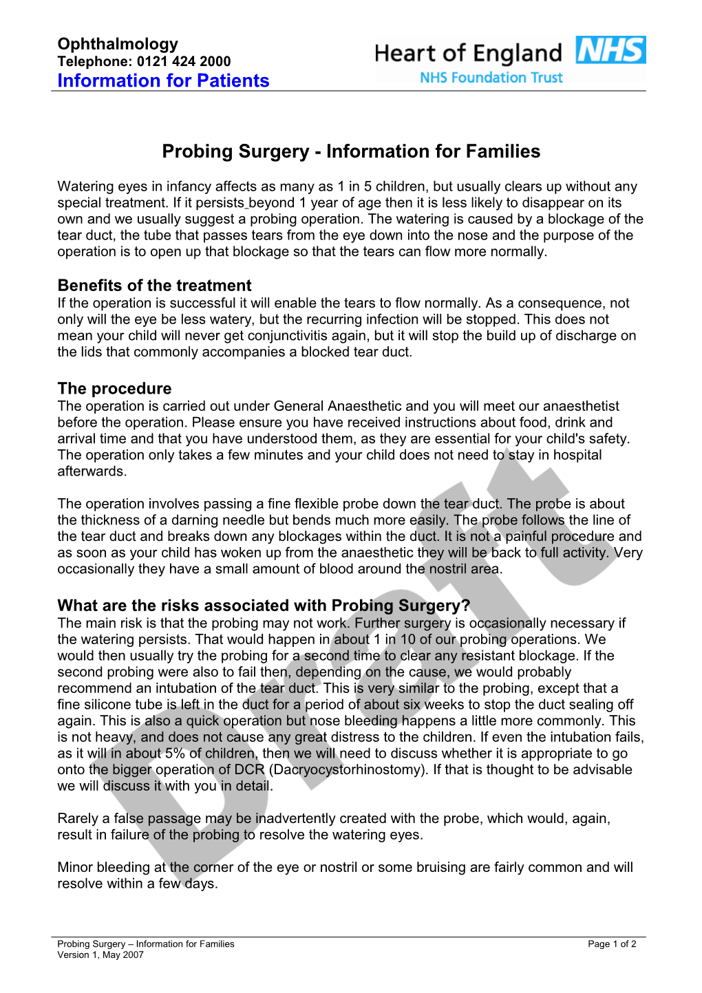 Probing Surgery - Information for Families