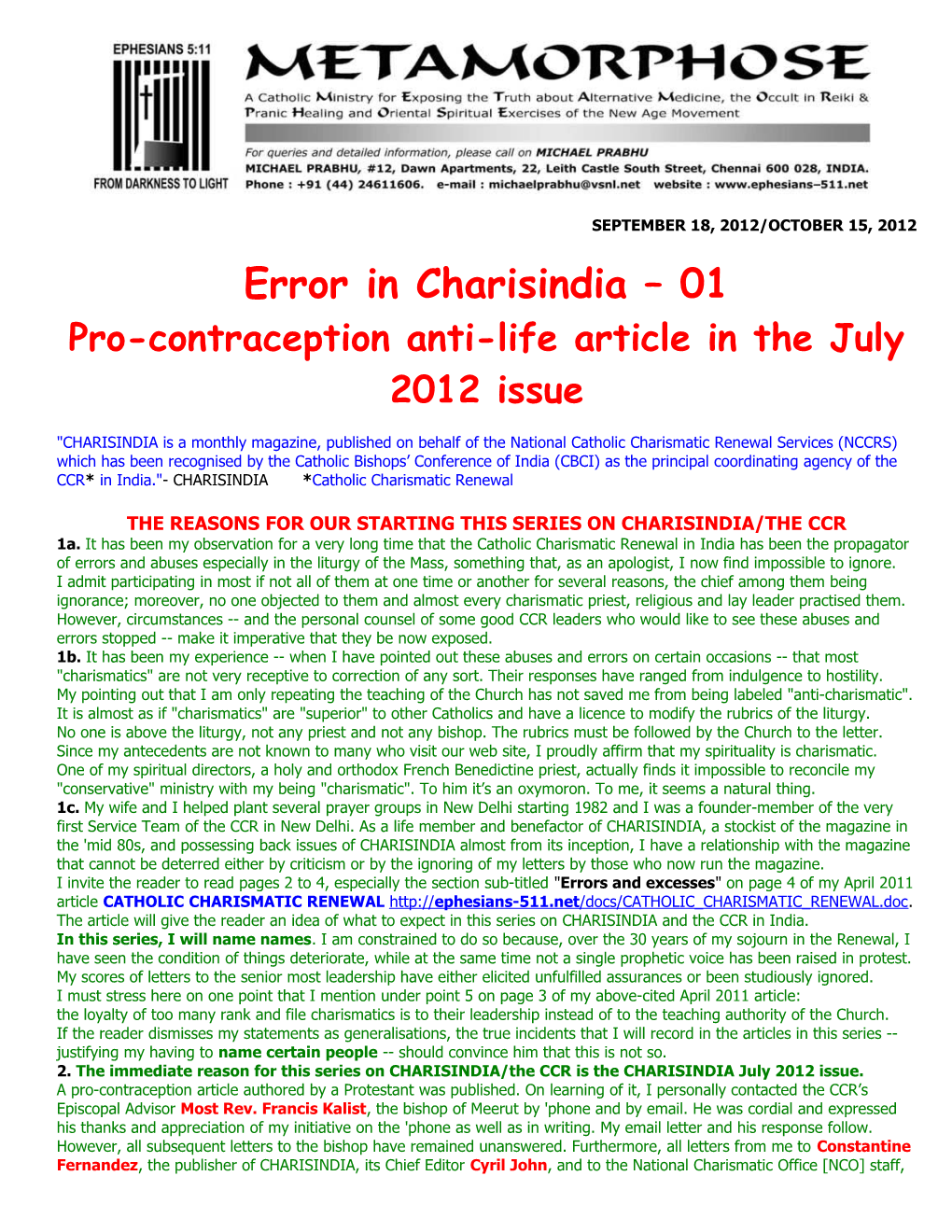 Pro-Contraception Anti-Life Article in the July 2012 Issue