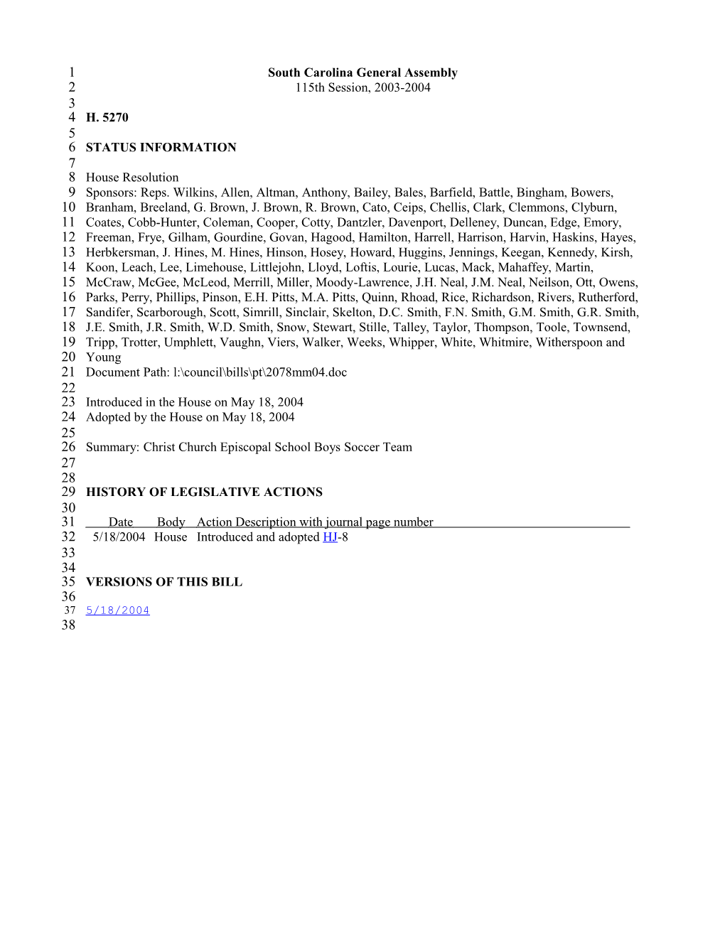 2003-2004 Bill 5270: Christ Church Episcopal School Boys Soccer Team - South Carolina