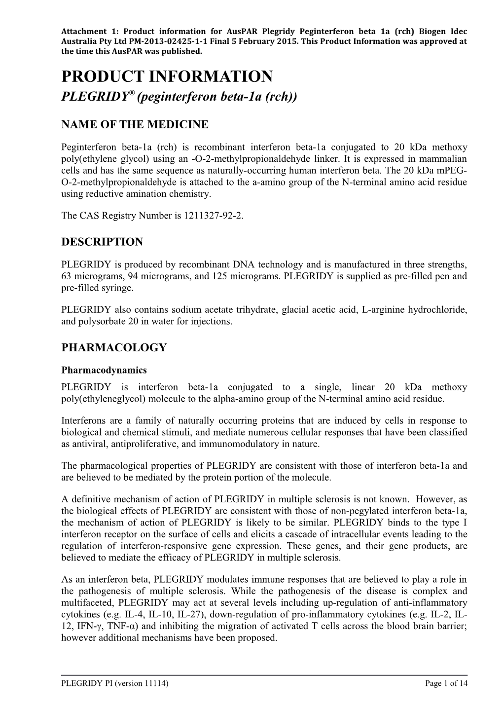 Auspar Attachment 1. Product Information for Peginterferon Beta 1A (Rch)