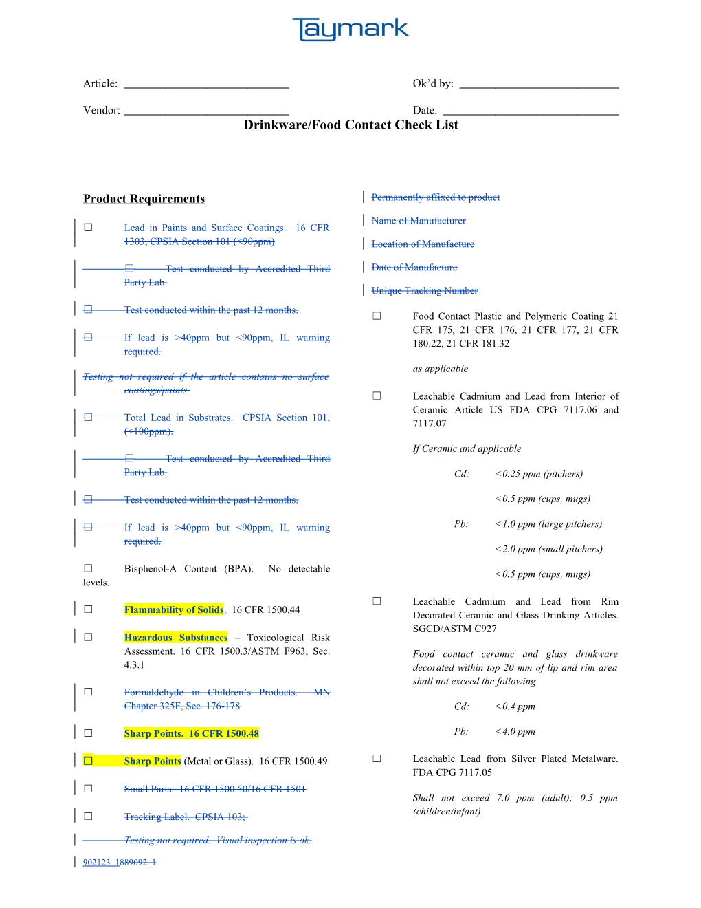 Drinkware/Food Contactcheck List