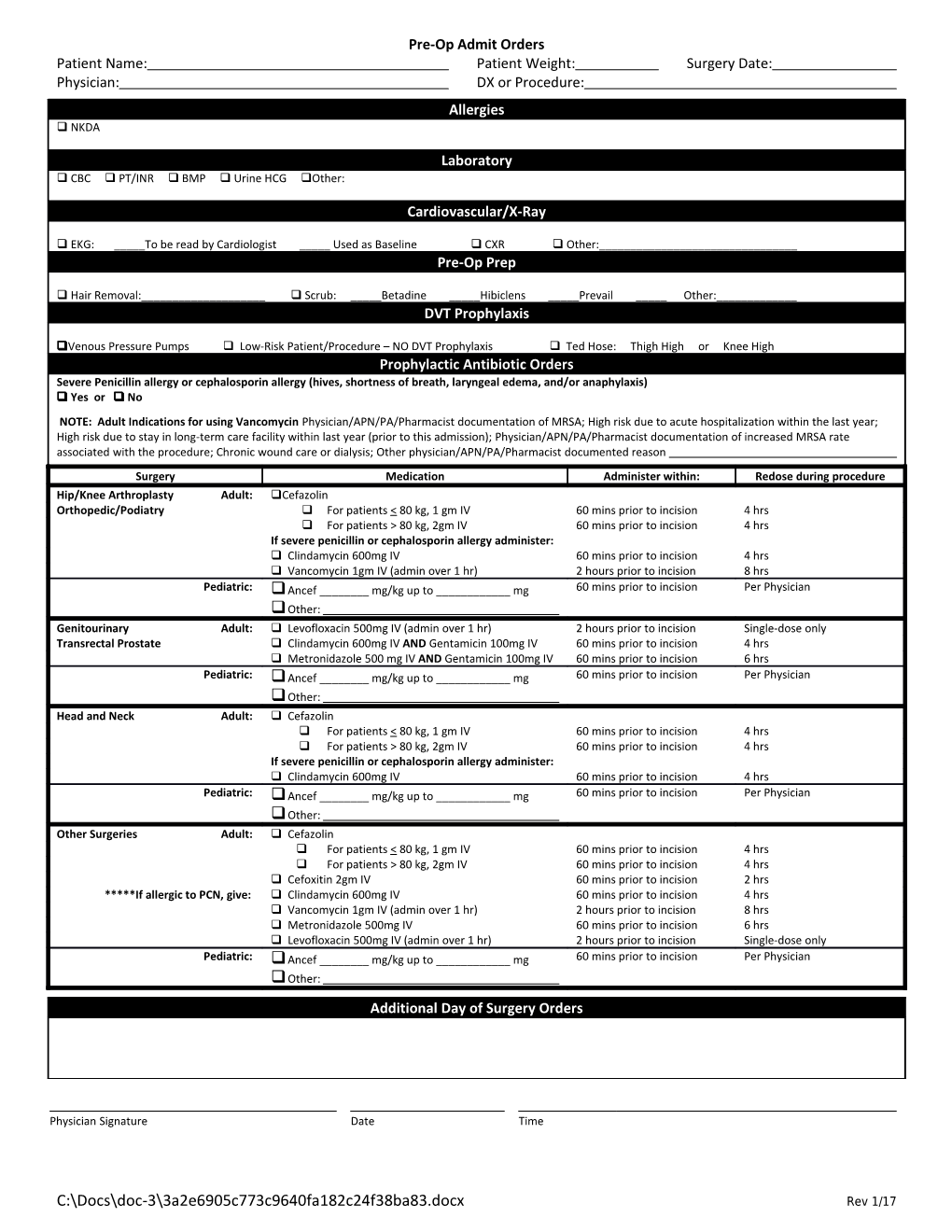 Pre-Op Admit Orders