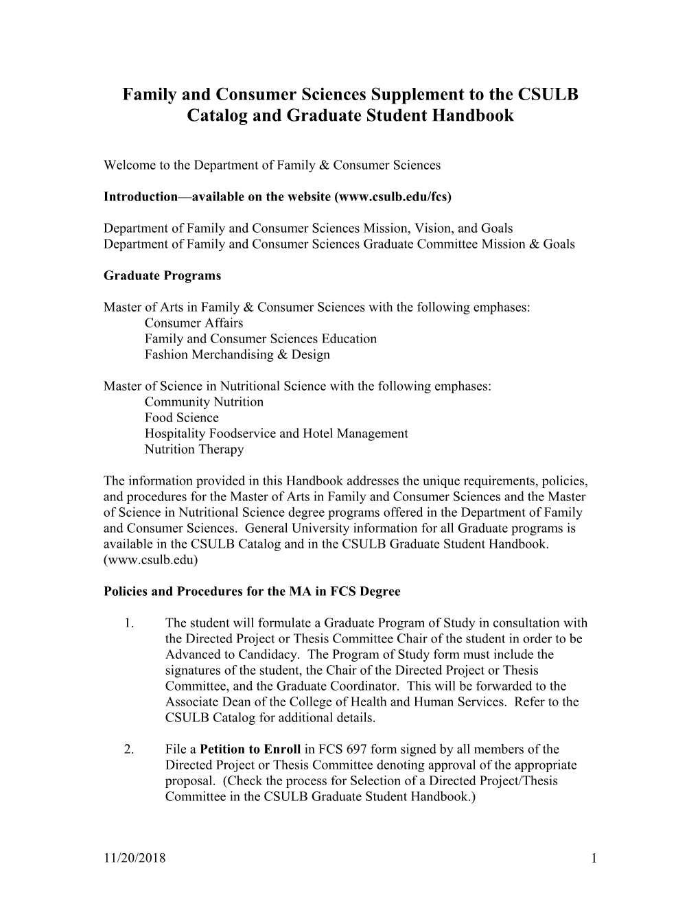Family and Consumer Sciences Graduate Student Handbook