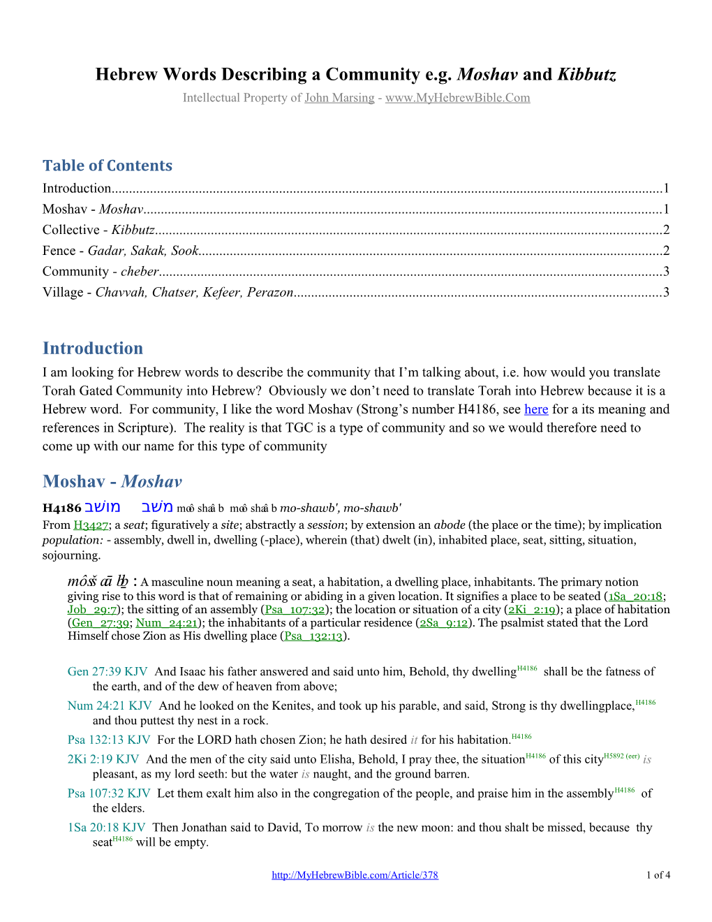 Hebrew Words Describing a Community E.G. Moshav and Kibbutz