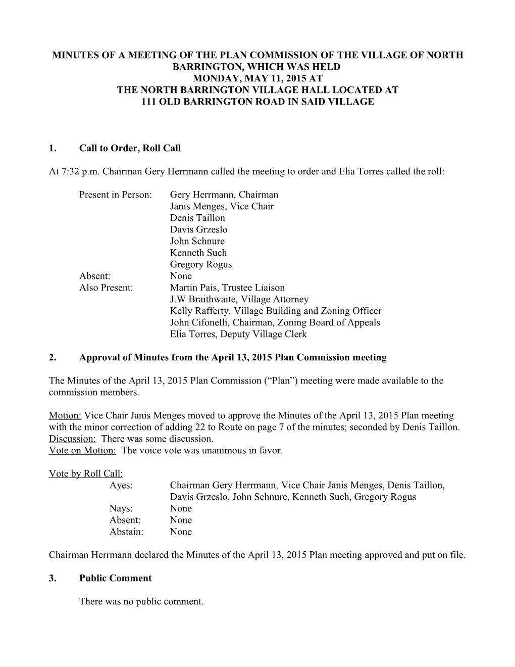 Minutes of a Meeting of the Health and Sanitation Commission of the Village of North Barrington